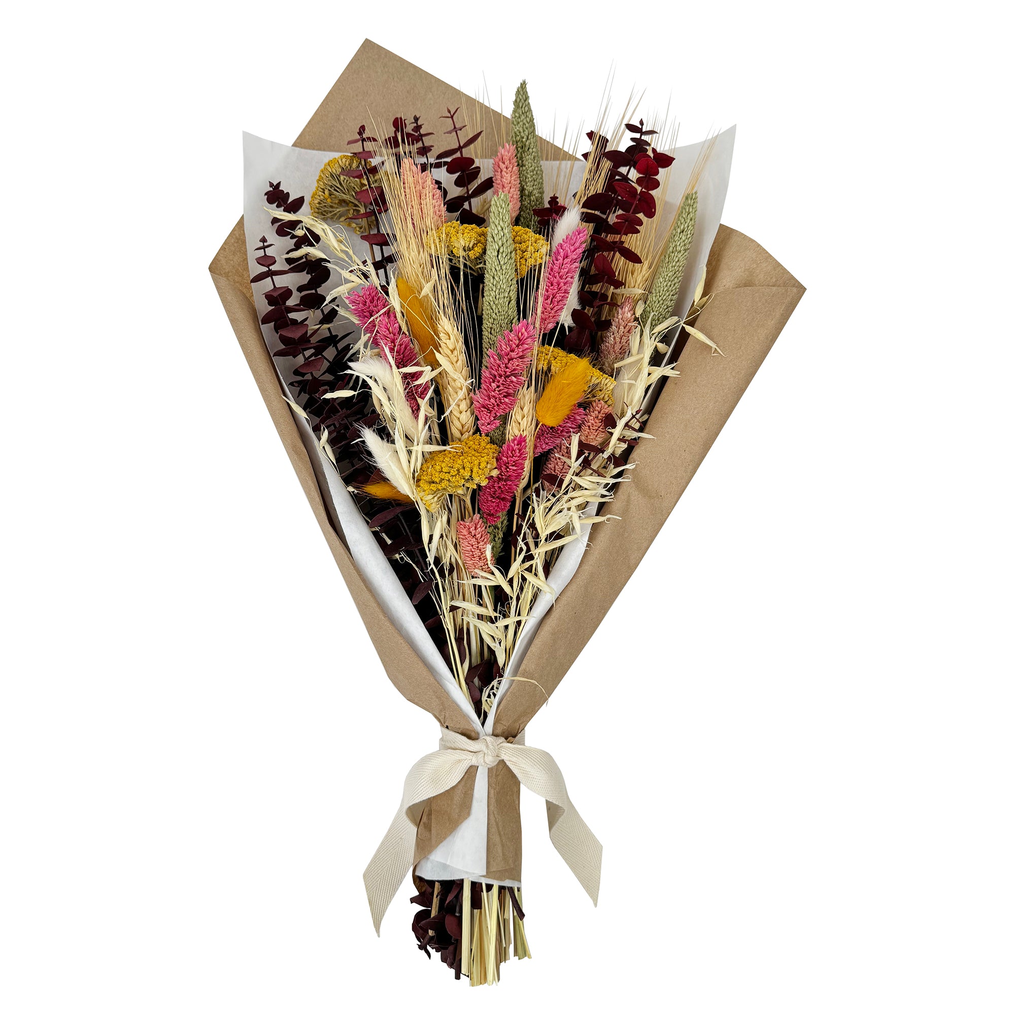 Summer Solstice Floral Bouquet with pink, yellow, and golden flowers, natural grains, and baby eucalyptus.