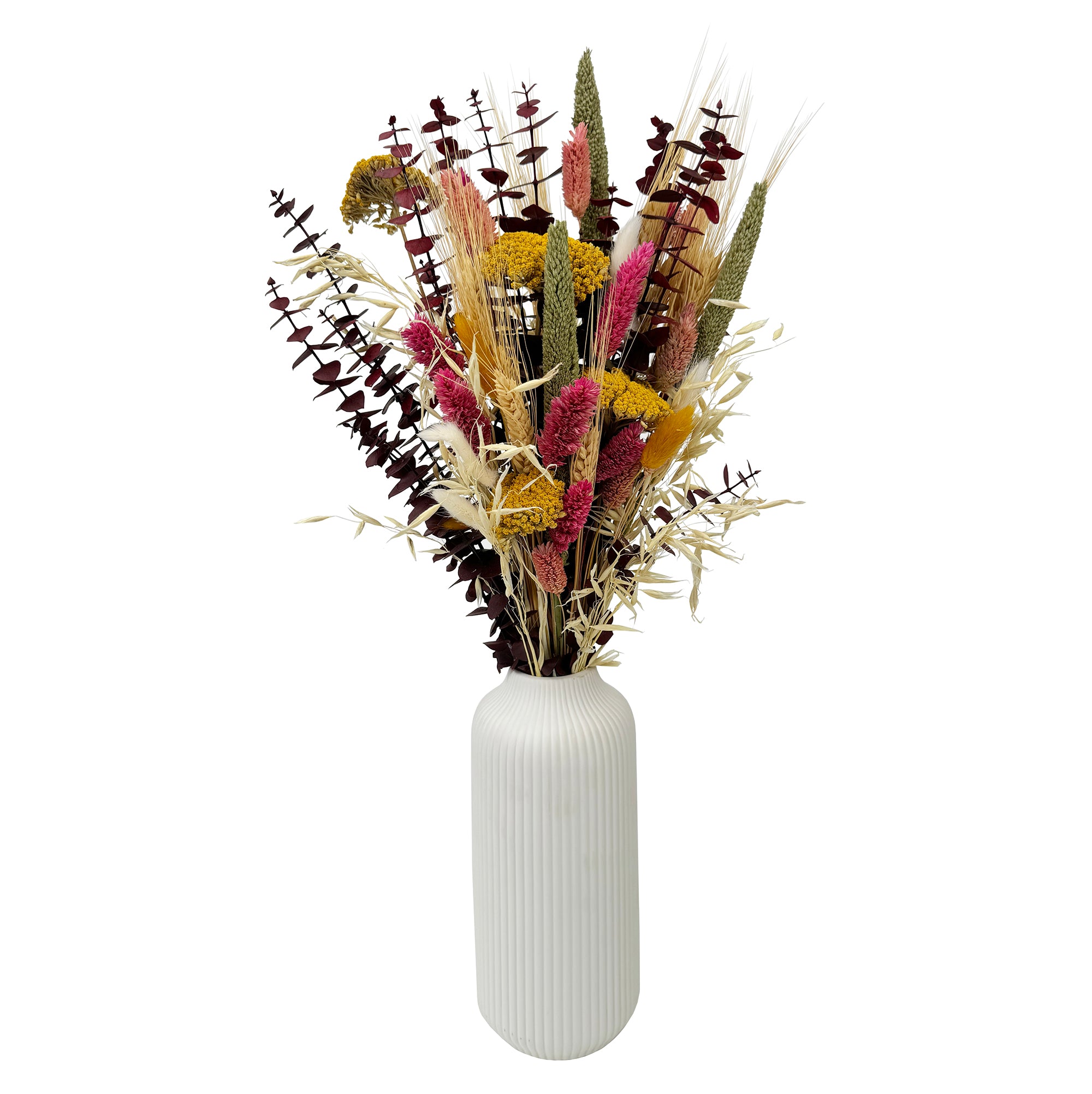 Summer Solstice Floral Bouquet with pink, yellow, and golden flowers, natural grains, and baby eucalyptus.