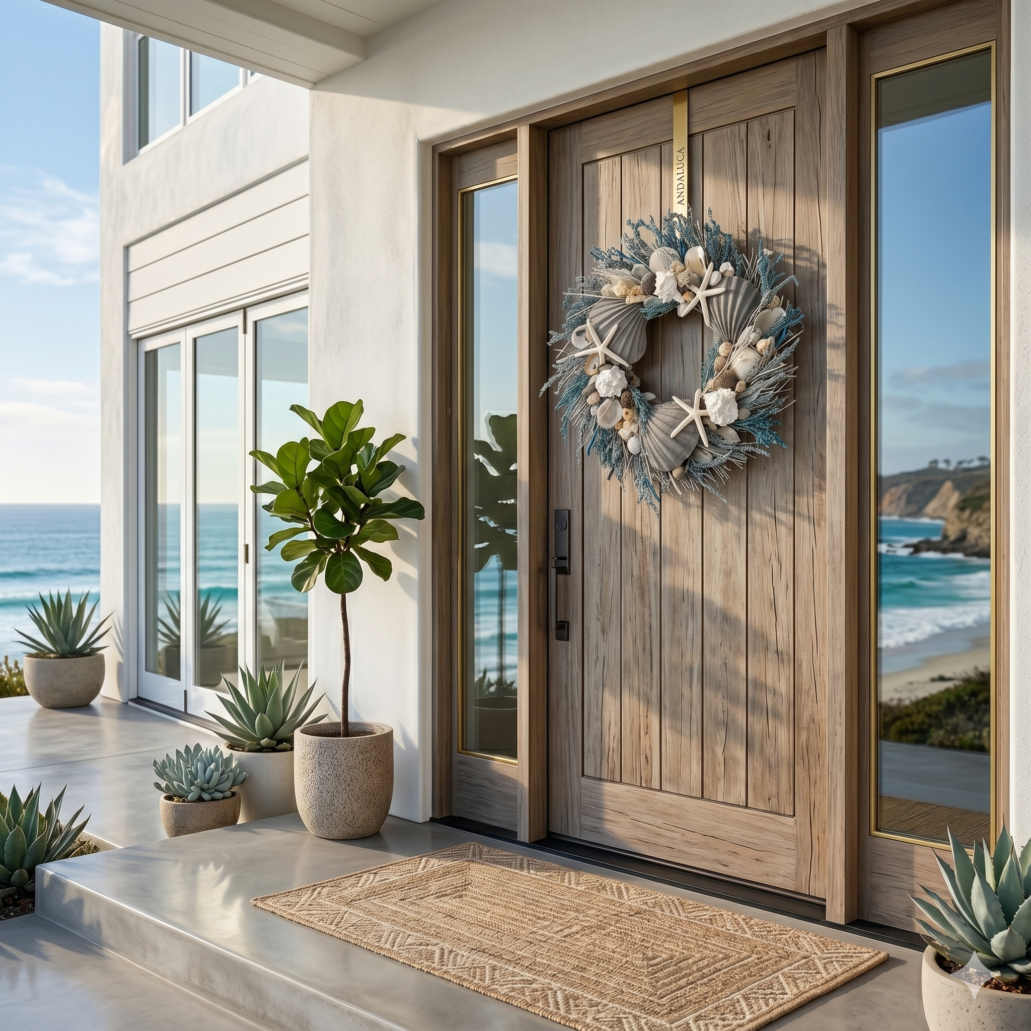 Front door of a house with a wreath, plants, and a view of the ocean.