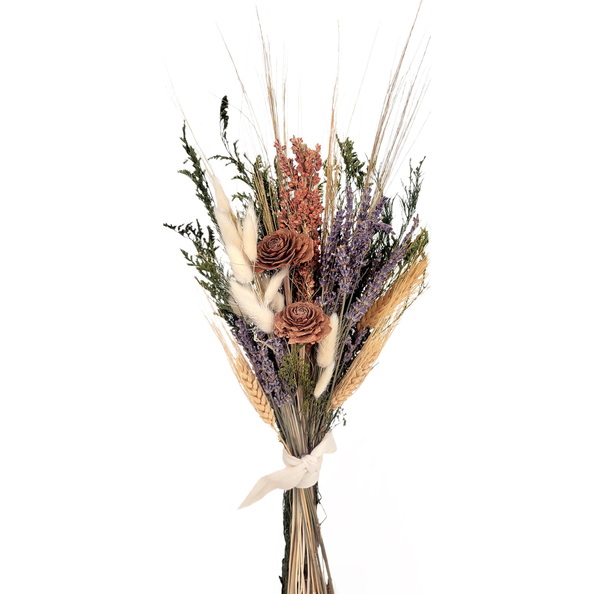 Bouquet of dried flowers and herbs with a white ribbon on a white background