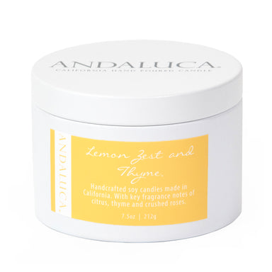 Lemon Zest and Thyme tin candle, closed product shot.