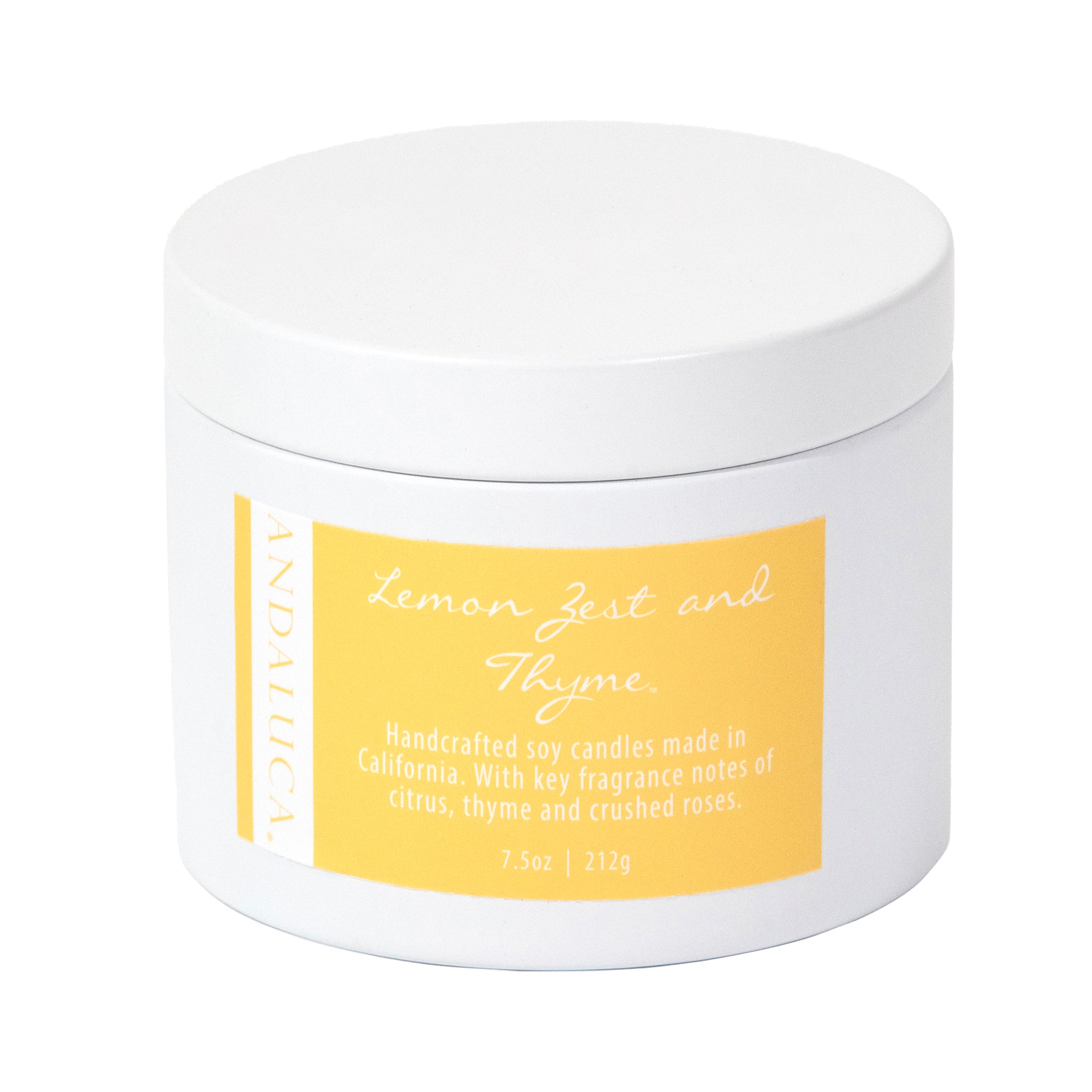 Lemon Zest and Thyme tin candle, closed product shot.