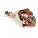 Mini bouquet with pinl larkspur, willow eucalyptus, baby eucalyptus, phalaris, and aveena in kraft paper wrap with jute tie.