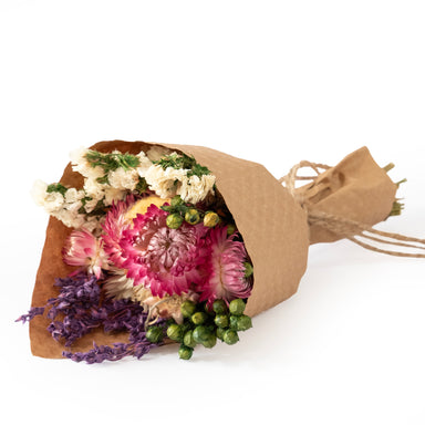 Mini Strawflower & Larkspur Bouquet Bundle, white background.