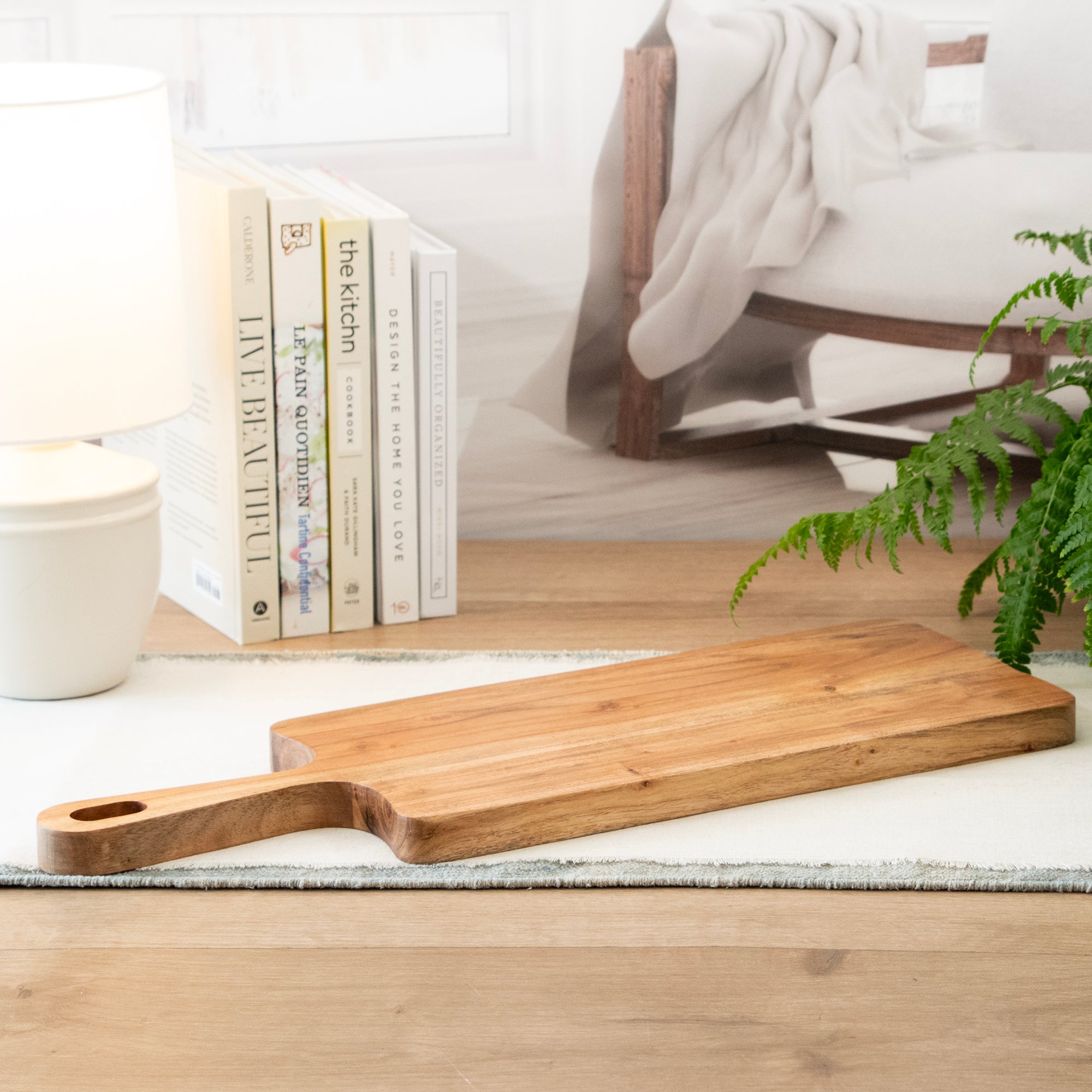 Empty Mango Wood Rectangular Charcuterie Board, in a room setting