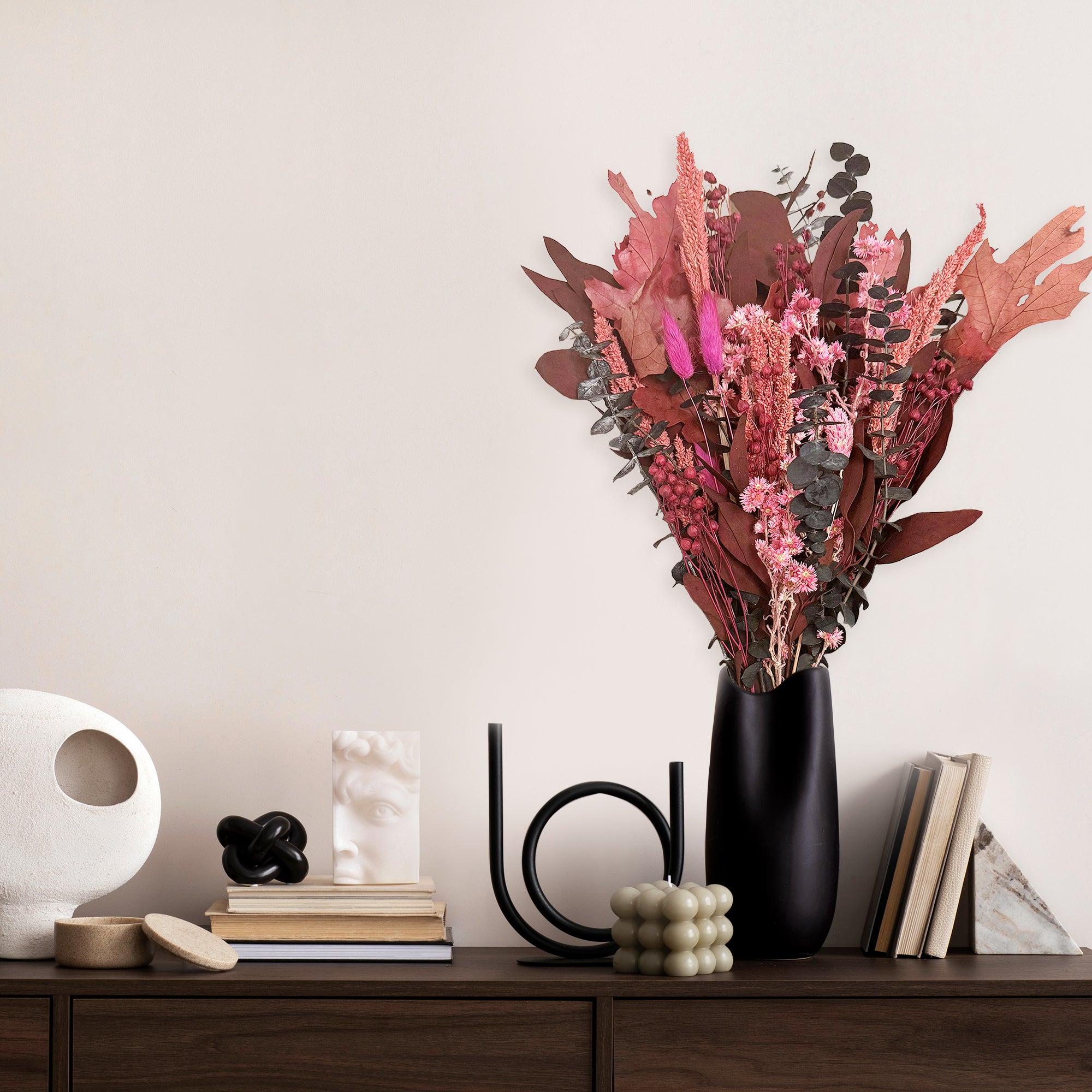 Merlot Burgundy bouquet with preserved euc and variety of florals botanicals 