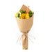 Bouquet of flowers wrapped in brown paper on a white background
