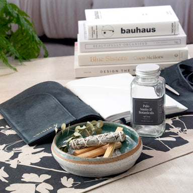 Contents of Palo Santo & White Sage Smudging Jar displayed in ceramic dish. 