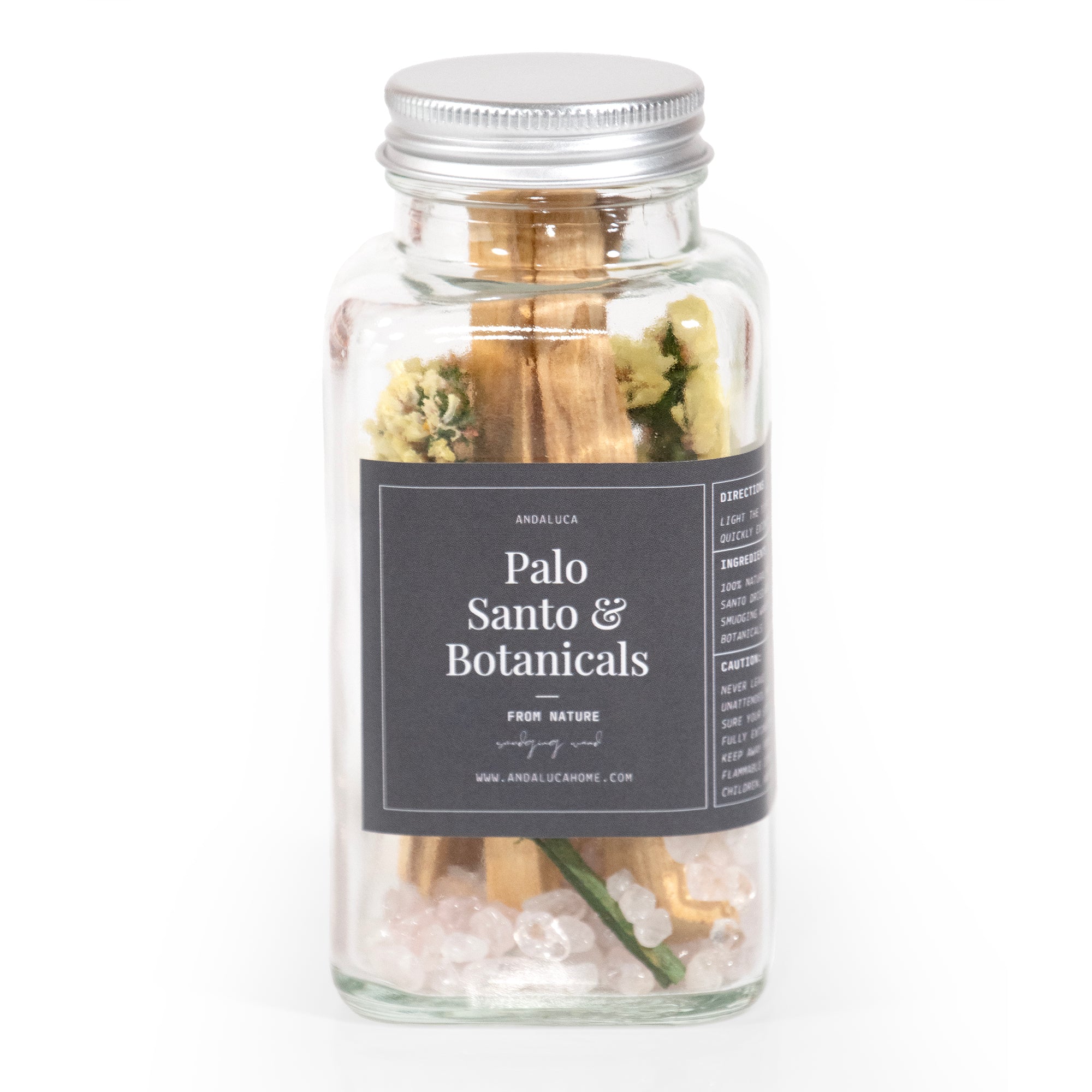 Palo Santo & Yellow Flower Smudging Jar Set, on white background.