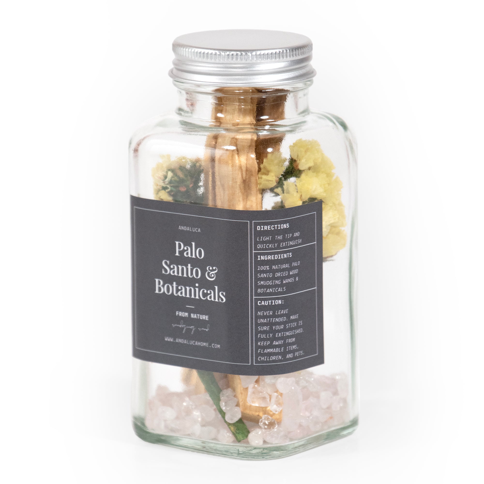 Front side view of the  Palo Santo & Yellow Flower Smudging Jar set, on a white background.