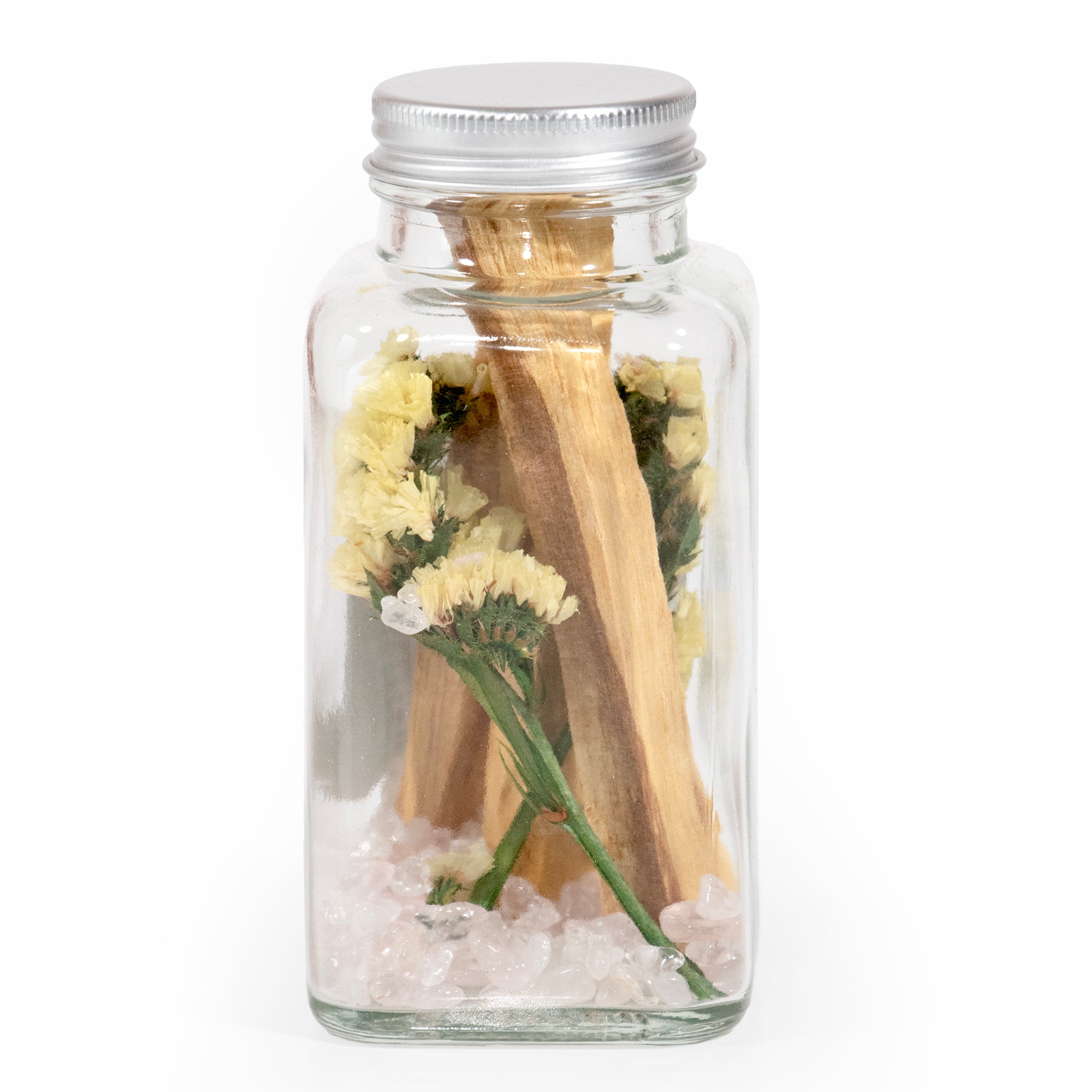 Back side view of the  Palo Santo & Yellow Flower Smudging Jar set, on a white background.