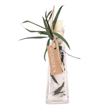 Clear glass bottle with salt inside plus dried willow botanicals.
