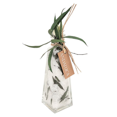 A clear glass vase with a geometric hexagonal shape, filled with white decorative stones and green leaves, tied with twine and a paper tag that reads ANDI LUCA, on a plain white background.