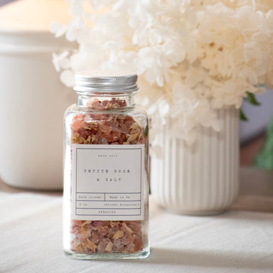 Petite Rose Petal Bath Salt Jar, in room setting.