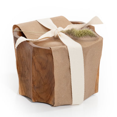 Petite Teak Organic Bowl Candle, wrapped. Shot on a white background.