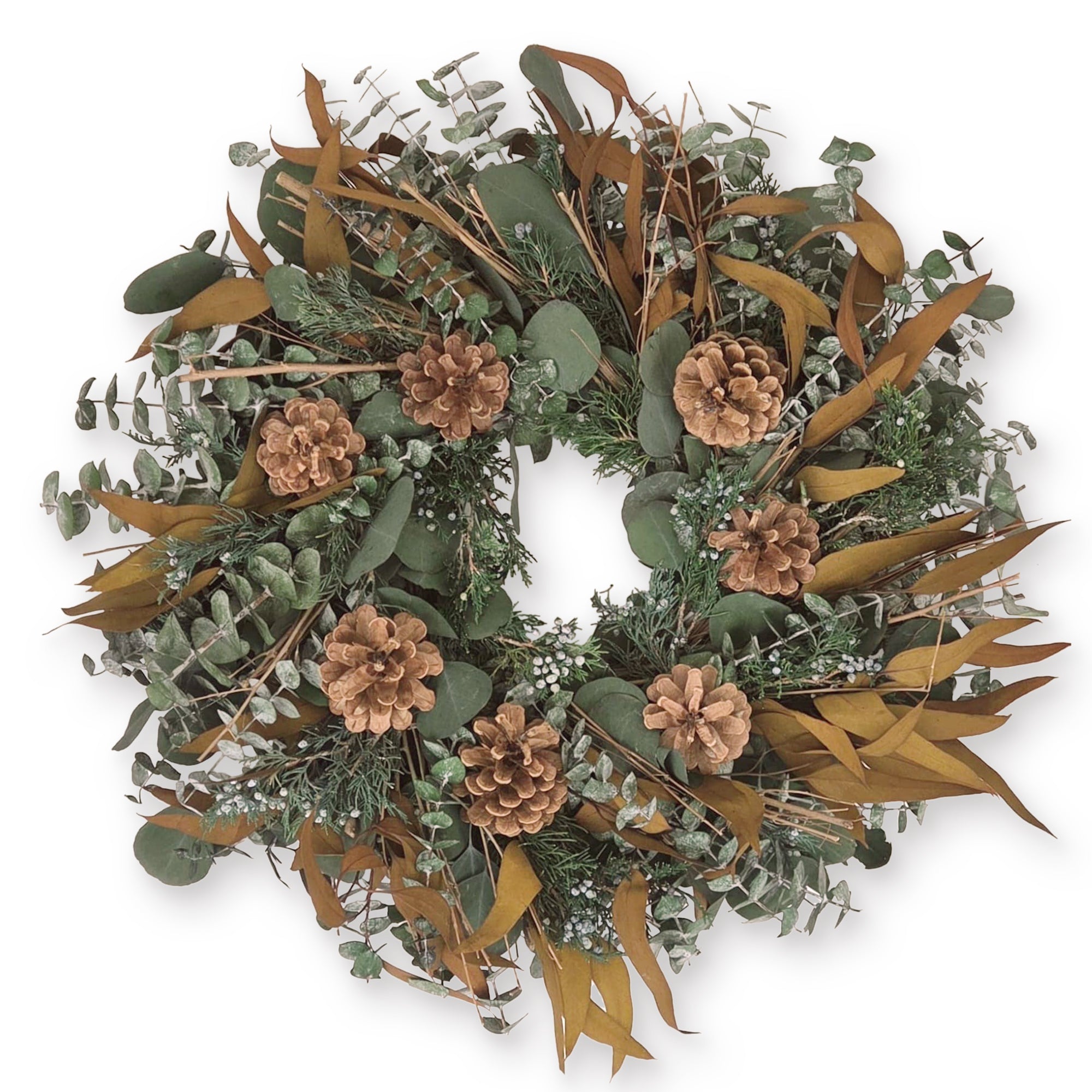 Decorative wreath with greenery, pinecones, and brown leaves on a white background