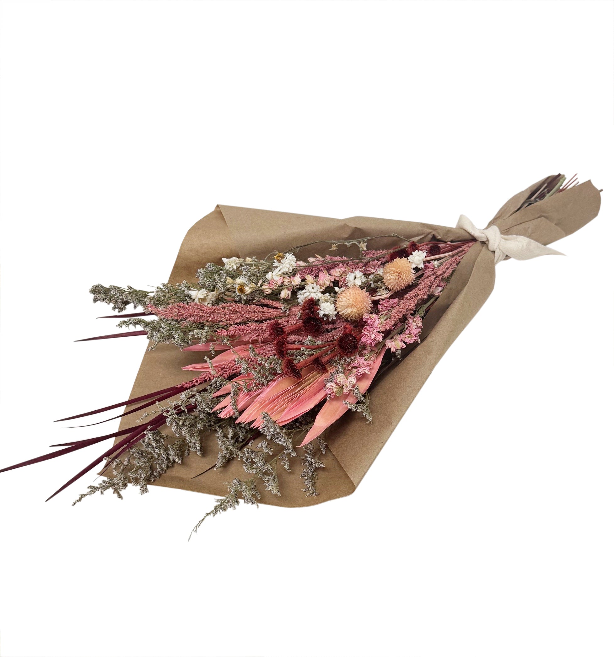 Dried flower bouquet with pink, white, and natural colors.