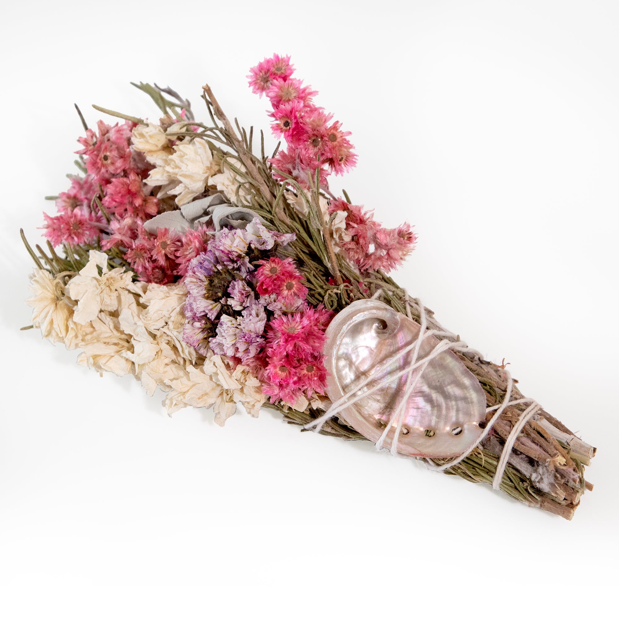 6" Pink & White Floral Smudge Wand with Shell