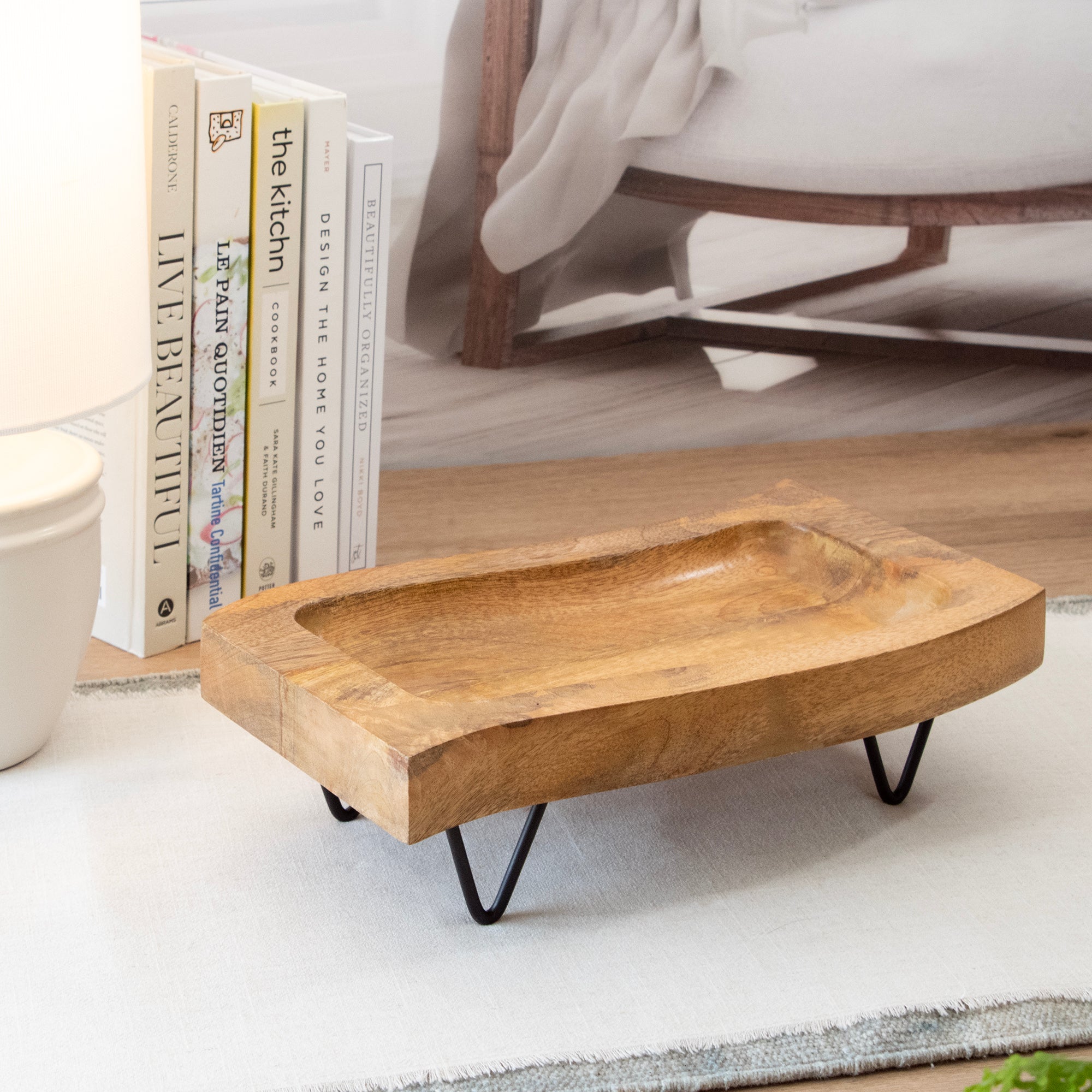 Raised Rectangular Charcuterie Board, empty in a room setting.