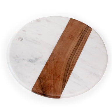 Cutting board made of white marble and wood.