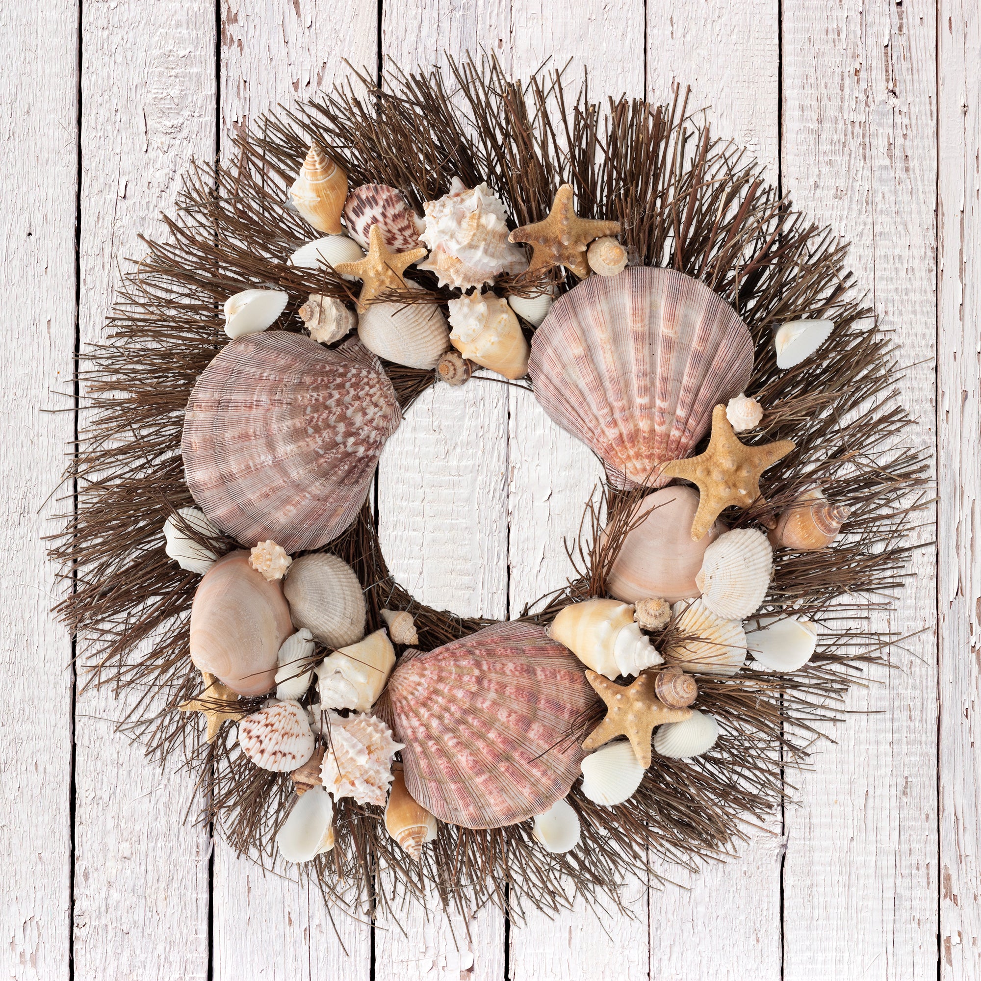 Wreath made from brown starfish, clamshells, and white conch shells on brown twig wreath base.