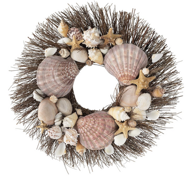 Wreath made from brown starfish, clamshells, and white conch shells on brown twig wreath base.