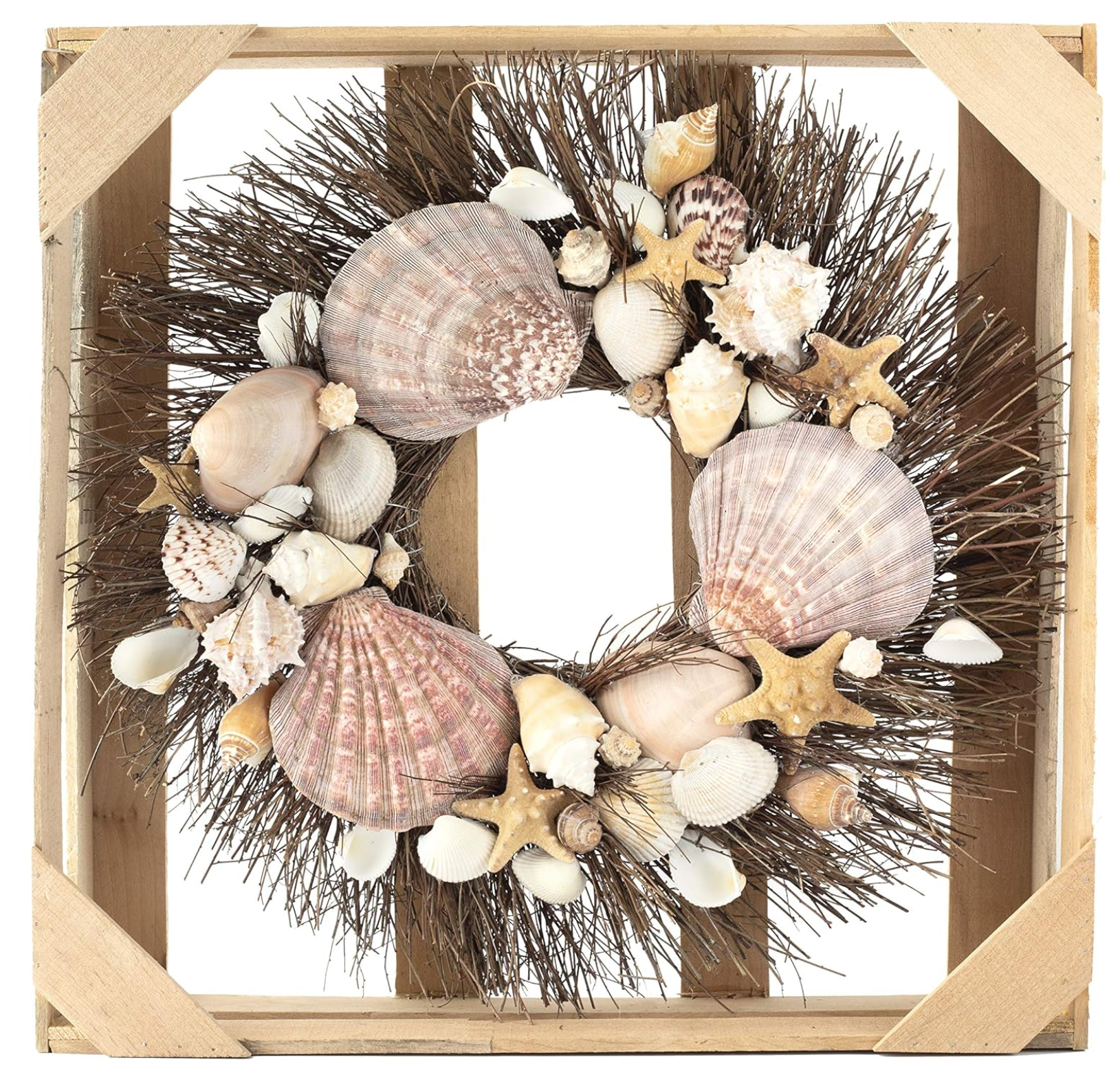 Wreath made from brown starfish, clamshells, and white conch shells on brown twig wreath base.