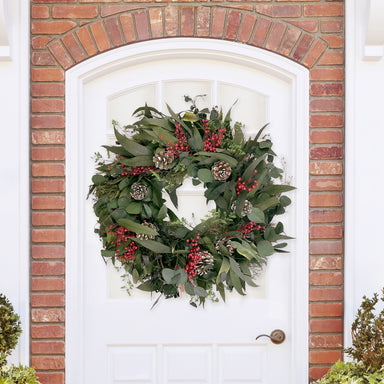 Snow Pinecone Holiday Wreath on door