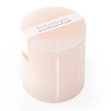 Top view of, Rose Luxe Onyx Stone Candle, a pink cylindrical container on a white background