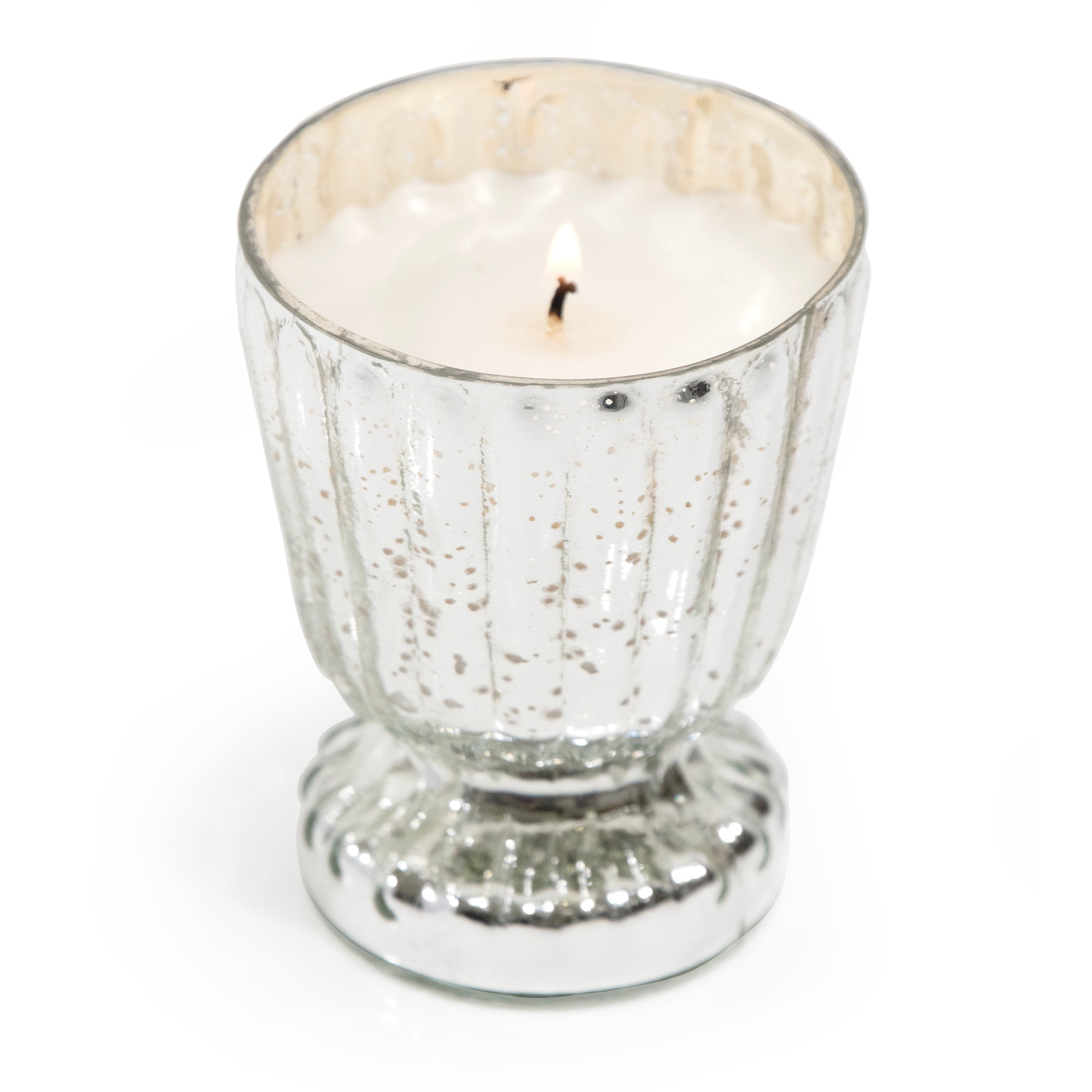 Silver mercury fluted glass candle.