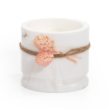 White marble candle cup with flower tie. Product shot, on white background.