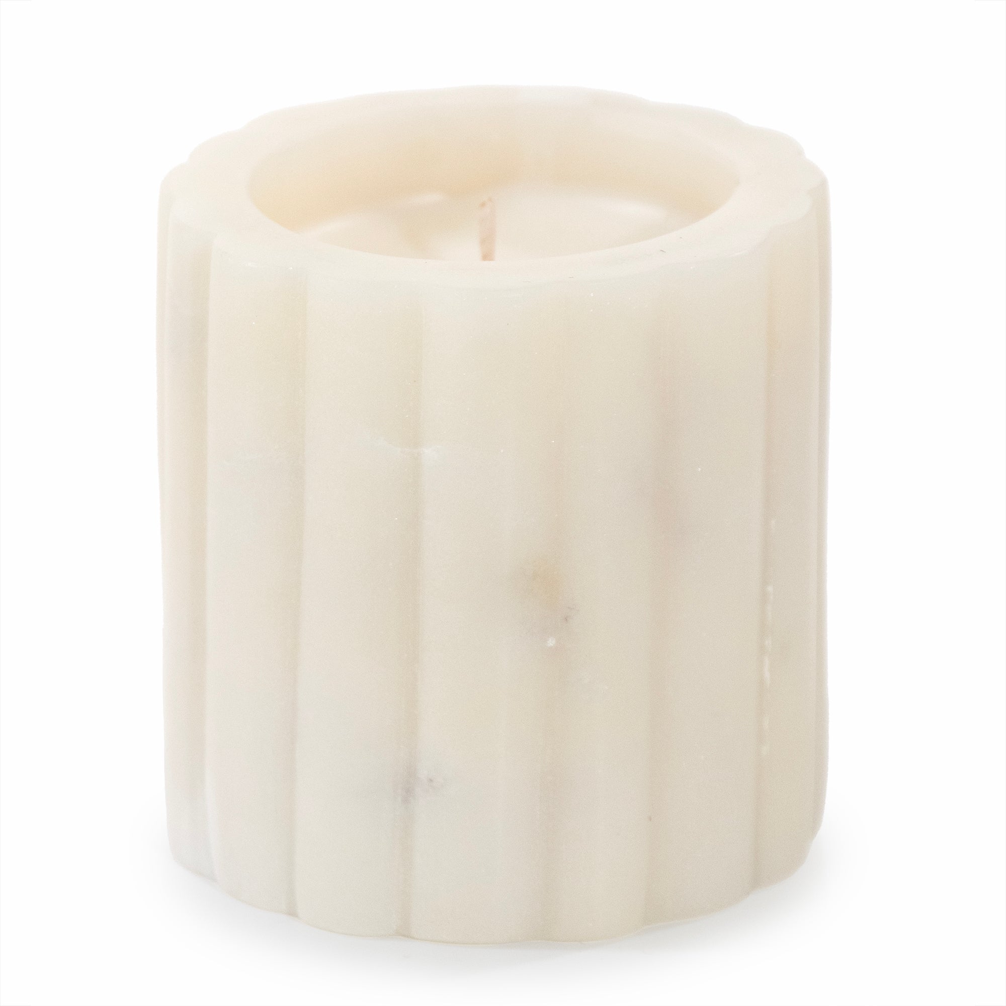 Scalloped shape marble candle in white.
