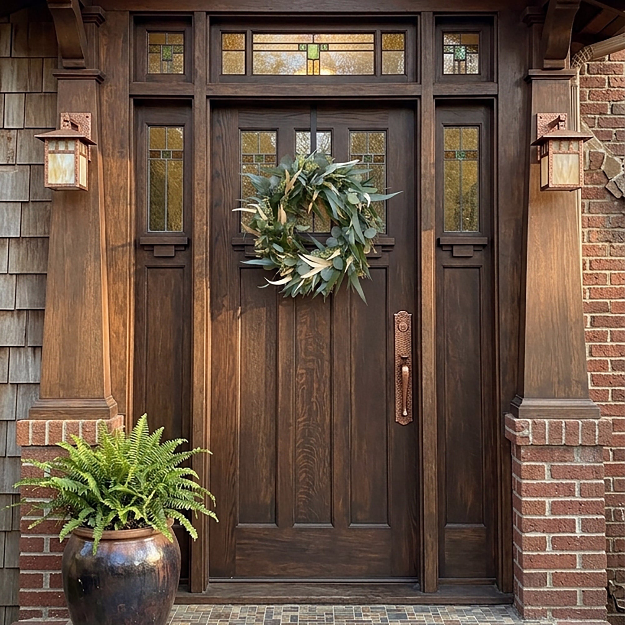 A dark brown wooden front door with a green eucalyptus wreath, named Willow and Silver Dollar Eucalyptus Wreath is hanging on the center panel, flanked by matching side panels with glass panes, set in a brick and wood entryway with wall lanterns and a potted fern.