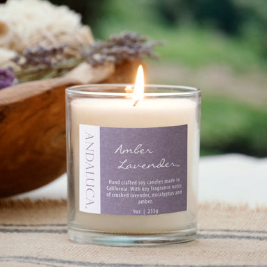 Amber Lavender 9oz Candle, burning.